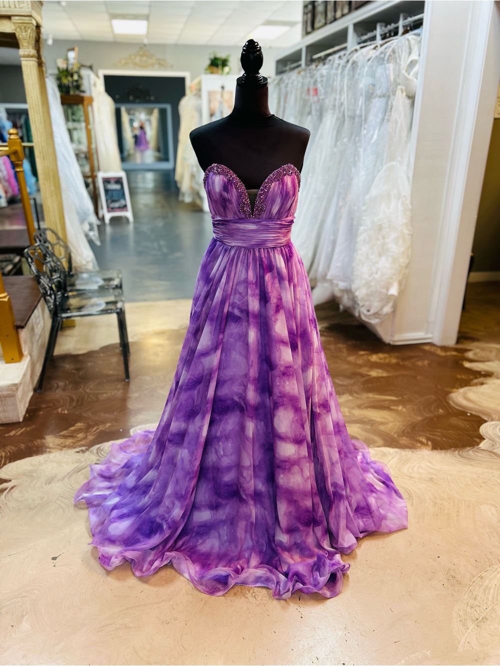 Ava Presley Strapless Purple Tie-Dye Prom Gown with Beaded Sweetheart Bodice